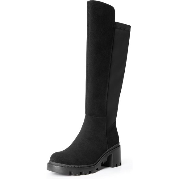 Women's Black-suede Knee High Comfortable Platform Heel Round Toe Stretch Boots - Picture 1 of 6